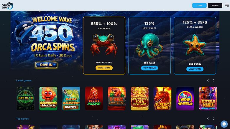 Pagina iniziale di Orca Spins Casino