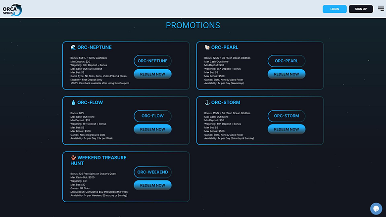 Pagina delle promozioni di Orca Spins Casino