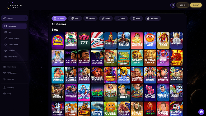 OreonBet Casino games page