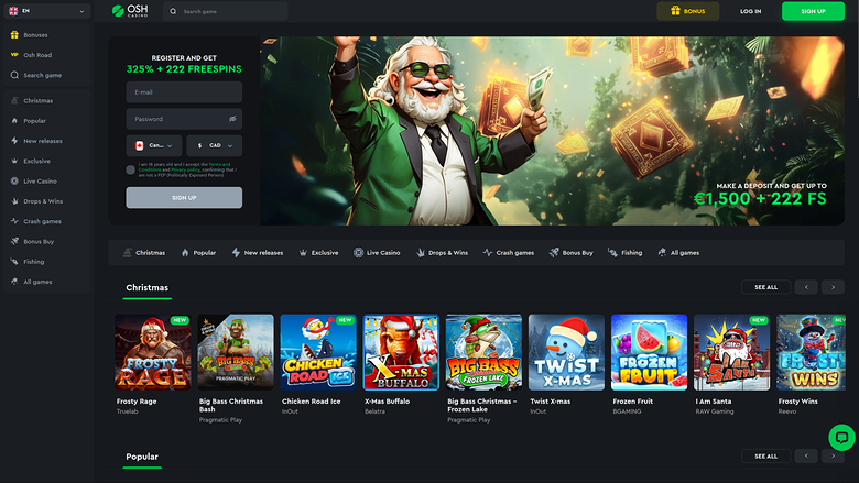 Homepage desktop del casinò Osh