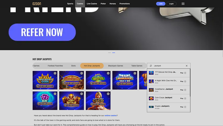 Jackpot du casino Ozoon sur ordinateur