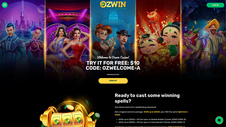 Page d'accueil du casino Ozwin pour ordinateur