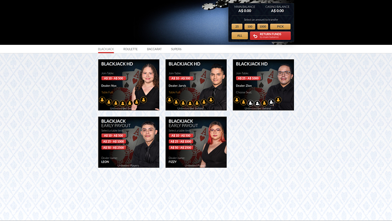 Casino Ozwin pour ordinateur avec croupier en direct