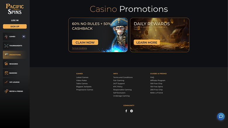 Promotions pour ordinateur de bureau du casino Pacific Spins