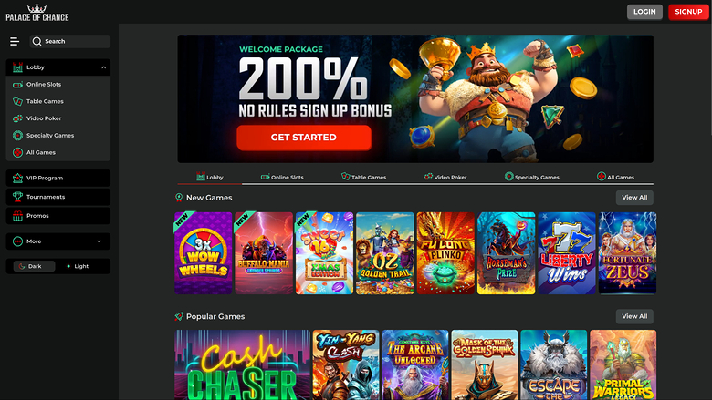 Pagina iniziale desktop di Palace of Chance