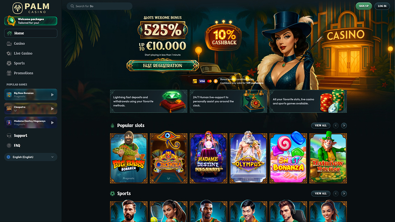 Page d'accueil de Palm Casino pour ordinateur