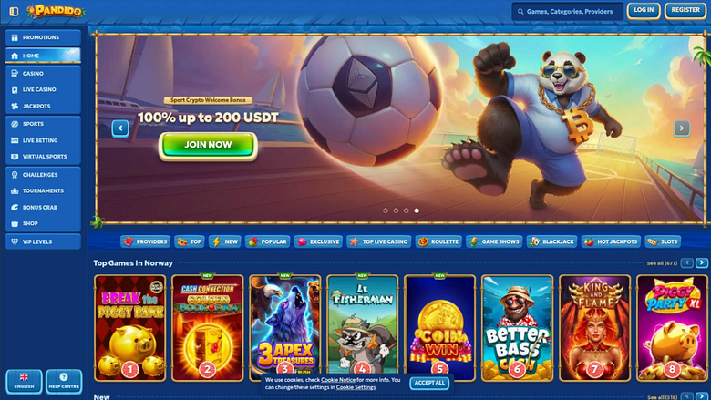 Captura de pantalla de la página principal del Casino Pandido
