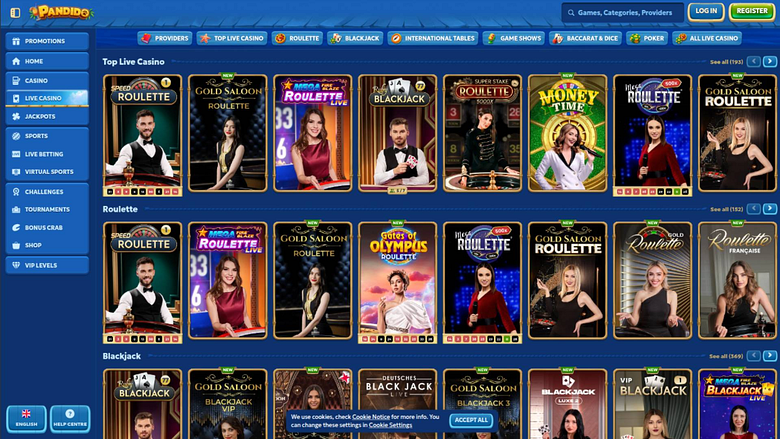 Captura de pantalla de la página en vivo del Casino Pandido
