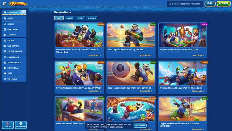 Captura de pantalla de la página de promociones del Casino Pandido