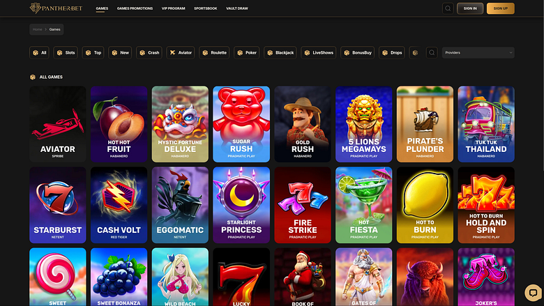 Jeux de casino PantherBet sur ordinateur