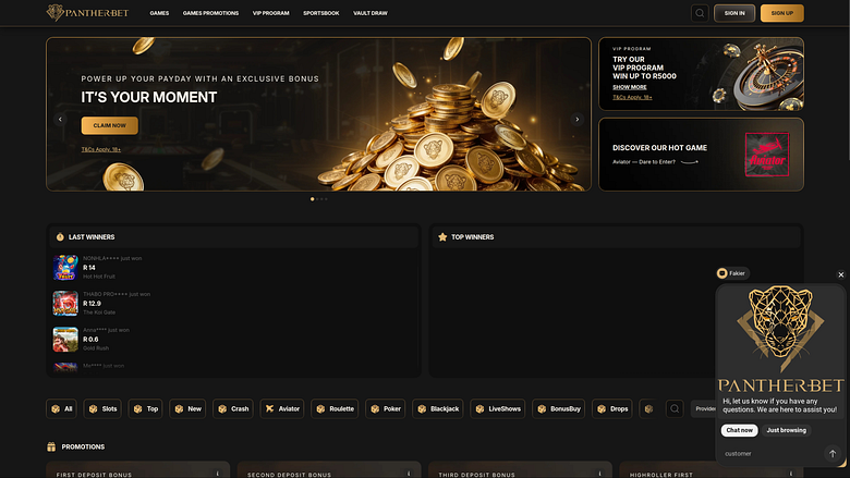 Page d'accueil du casino PantherBet pour ordinateur