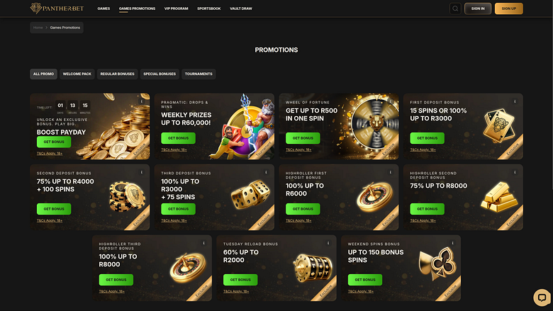 Promotions pour ordinateur de bureau du casino PantherBet