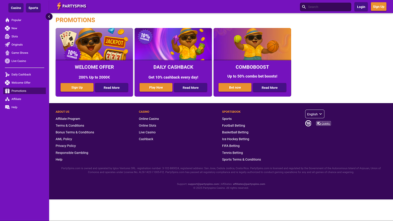 Promotions PartySpins Casino sur ordinateur