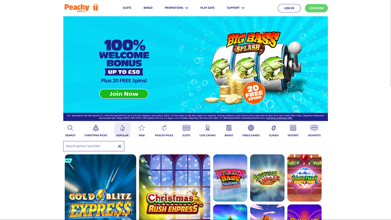 Page d'accueil du casino PeachyGames pour ordinateur