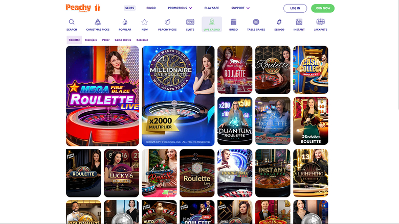 Casino PeachyGames pour ordinateur avec croupier en direct
