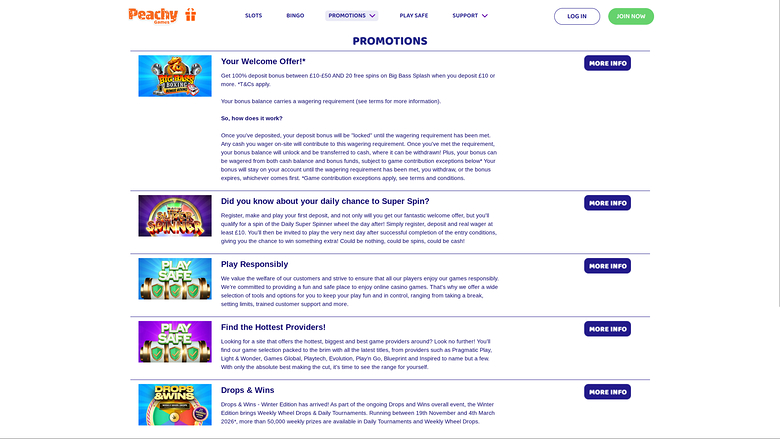 Promotions pour ordinateur de bureau du casino PeachyGames