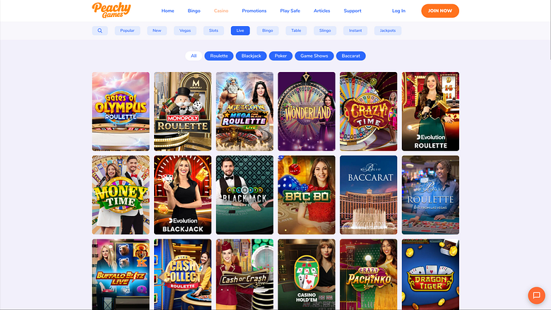 Casino PeachyGames con crupier en vivo para escritorio