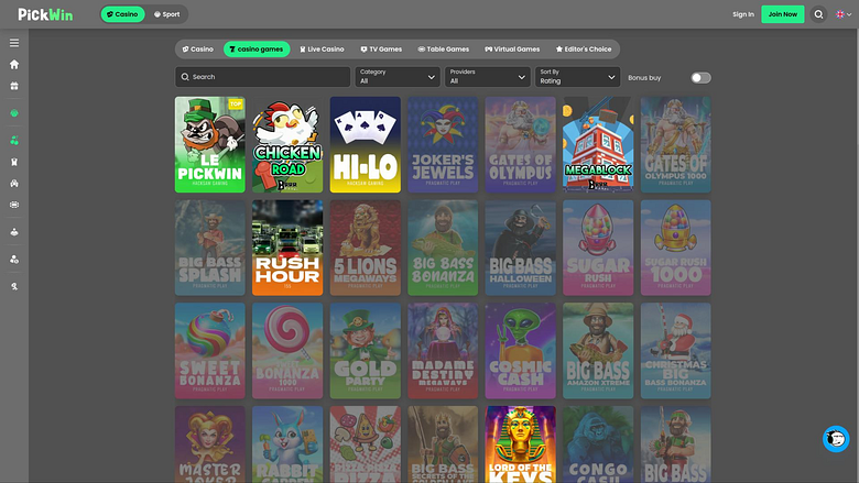 Page des jeux de casino PickWin