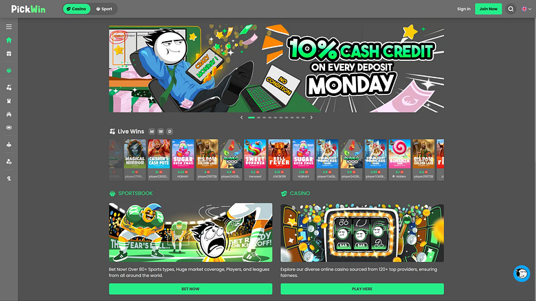 Page d'accueil du casino PickWin