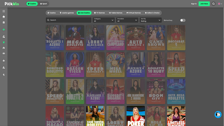 Page de croupier en direct du casino PickWin