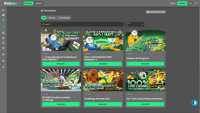 page des promotions du casino PickWin