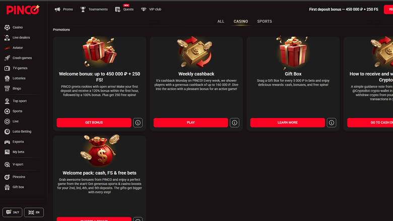 Promotions Pinco Casino sur ordinateur