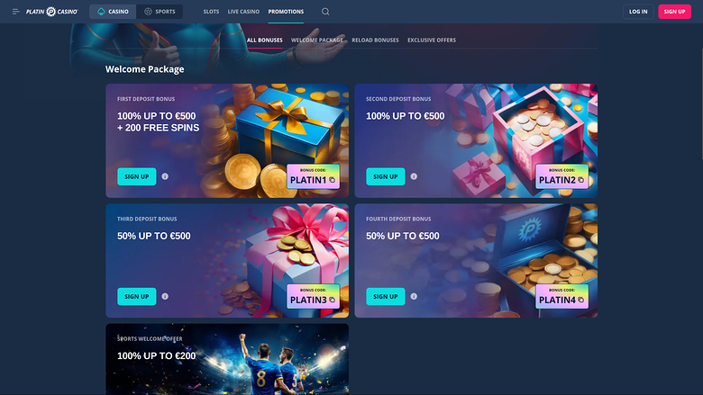 Promotions sur ordinateur de bureau du casino Platin