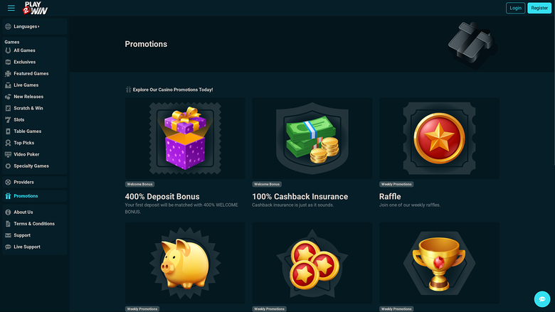 Promozioni desktop del casinò Play2Win