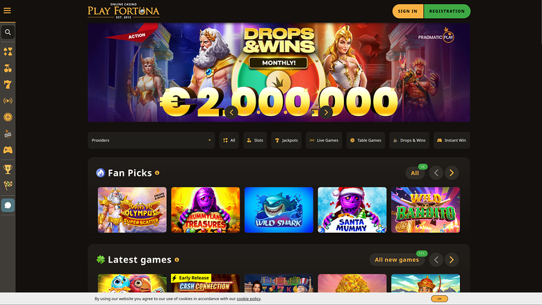 Page d'accueil de Play Fortuna Casino sur ordinateur