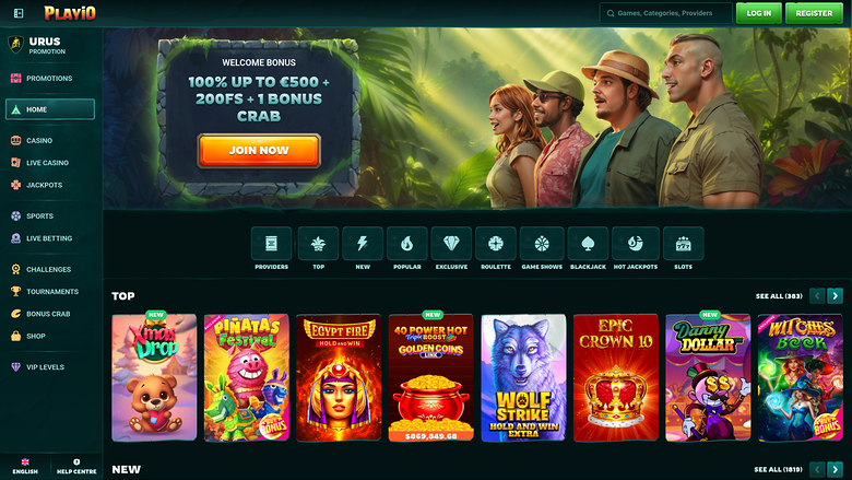 Page d'accueil du casino Playio pour ordinateur