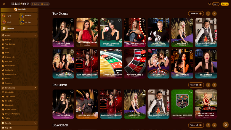 Casino PlayJonny con crupier en vivo para escritorio