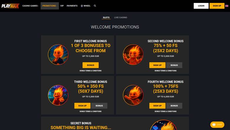 Screenshot der Aktionsseite von Playmax Casino