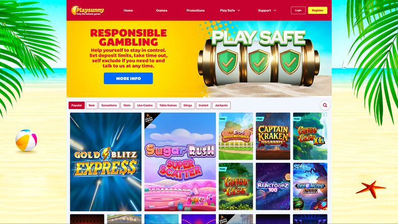 Página de inicio de PlaySunny Casino para escritorio