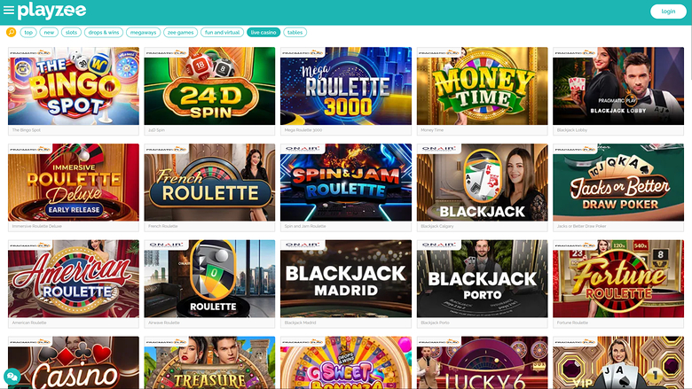 Casino PlayZee pour ordinateur avec croupier en direct