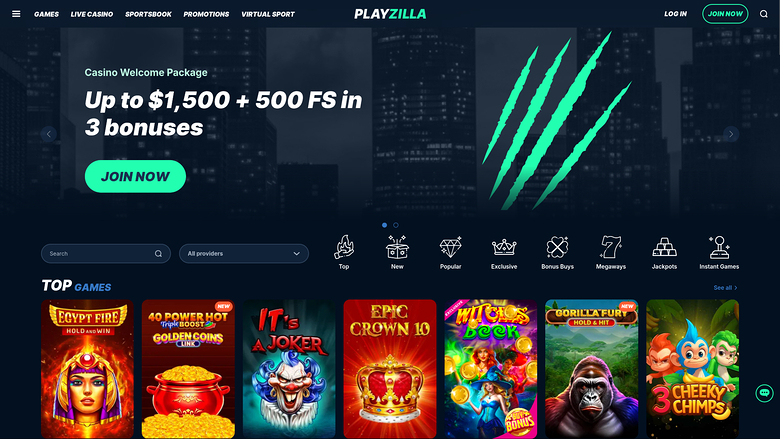 Page d'accueil de Playzilla Casino pour ordinateur