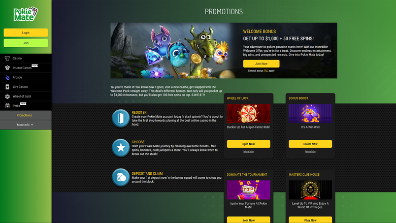 Promotions du casino Pokie Mate sur ordinateur