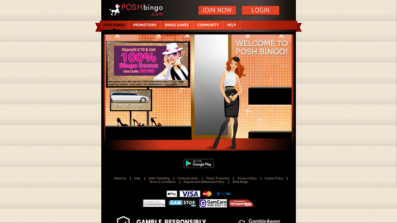 Page d'accueil de Posh Bingo pour ordinateur