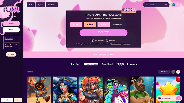 Page d'accueil du casino Possu (ordinateur de bureau)