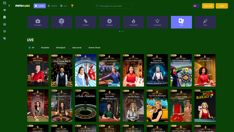 Pots of Luck Casino sur ordinateur avec croupier en direct