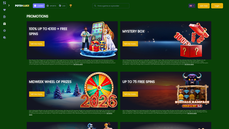 Promotions sur ordinateur du casino Pots of Luck