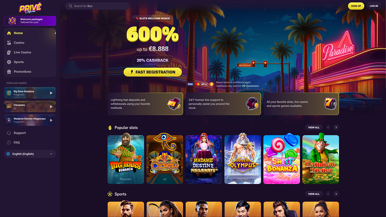 Page d'accueil de Prive Casino pour ordinateur