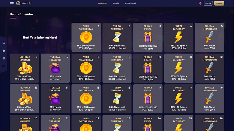 page du calendrier des bonus du casino Prive City