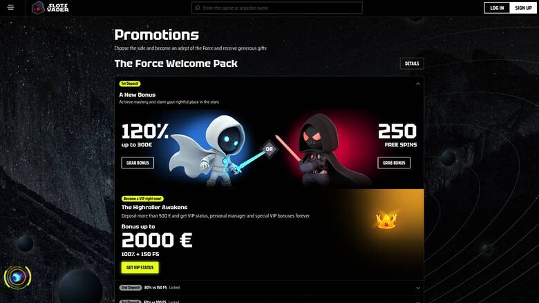 Capture d'écran de la page Promotions du casino SlotsVader 