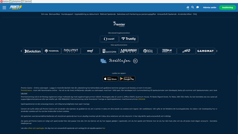 Développeurs du jeu de casino Pronto pour ordinateur