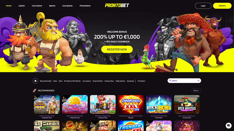Page d'accueil du casino Prontobet pour ordinateur