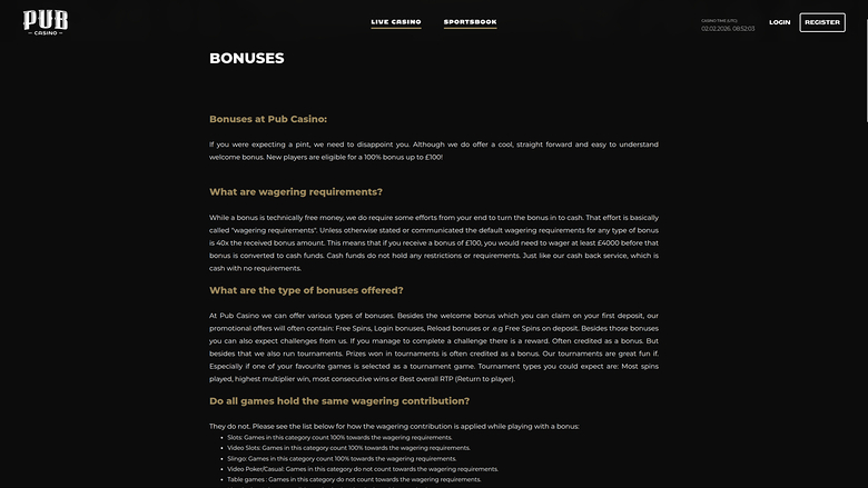 Pub Casino Desktop-Aktionen