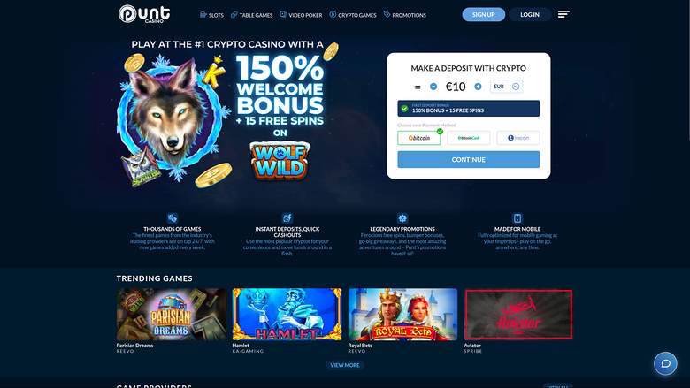 Page d'accueil de Punt Casino pour ordinateur