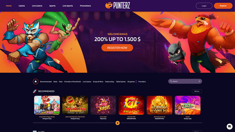Page d'accueil du casino Punterz pour ordinateur