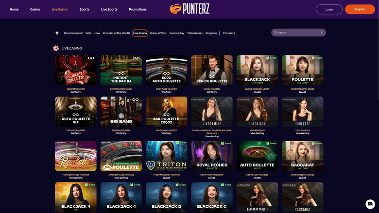 Casino Punterz pour ordinateur avec croupier en direct