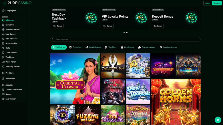 Page d'accueil de PureCasino pour ordinateur